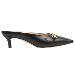 Gucci Zumi Black Leather Silver Gold GG Kitten Heel Mule Slide Loafer Pump 37